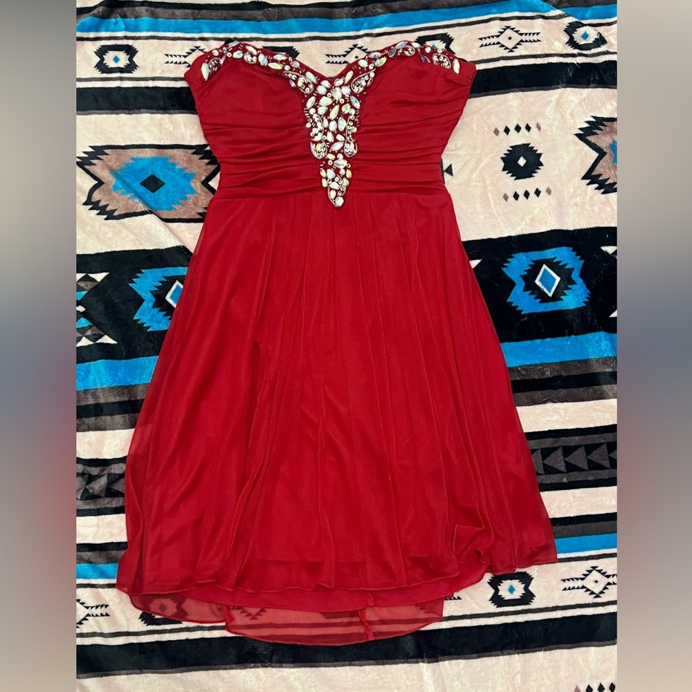 B Darlin Strapless Red Dress with Embellishments